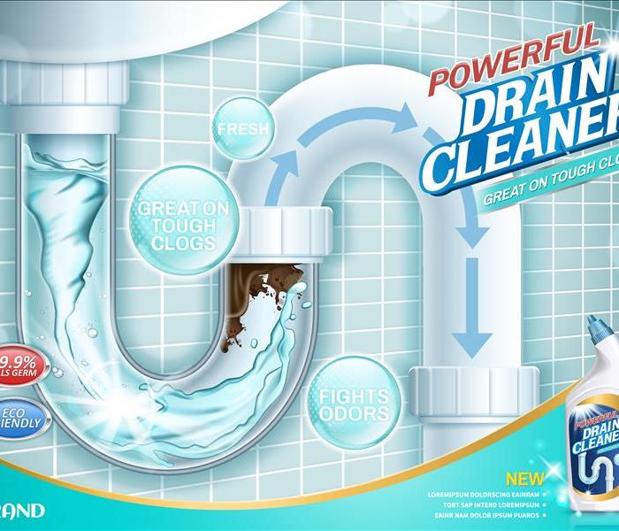 Drain cleaner ads, water pipe detergent with clear pipes section in 3d illustration