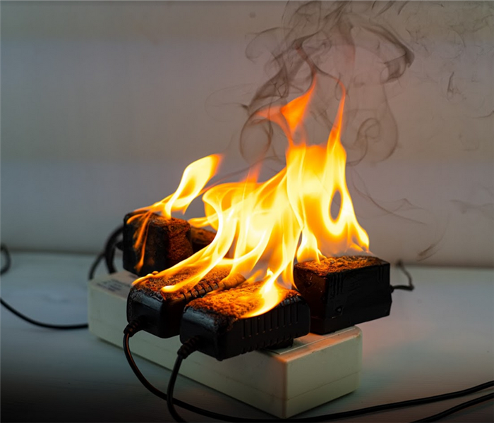 a power strip with plugs on fire in it